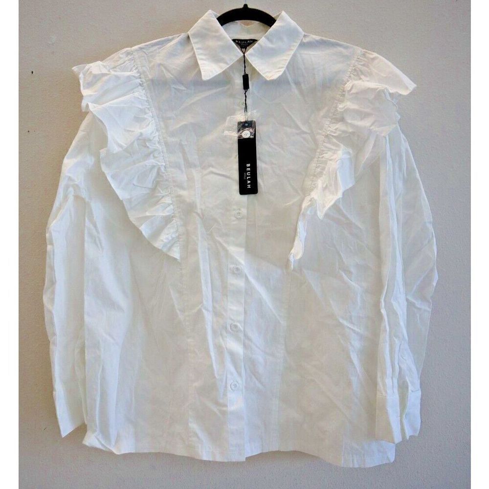 Beulah Style CJ2037 Women's Sz L White Ruffled Collared Button-Down L/S Shirt